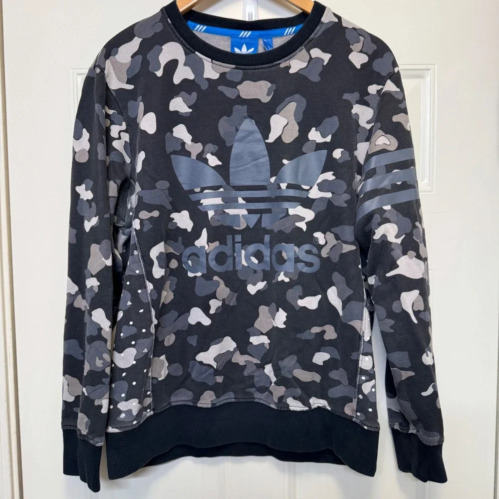 Adidas Mens Sweatshirt M Black Grey Camo Trefoil Logo Streetwear Pullover‎